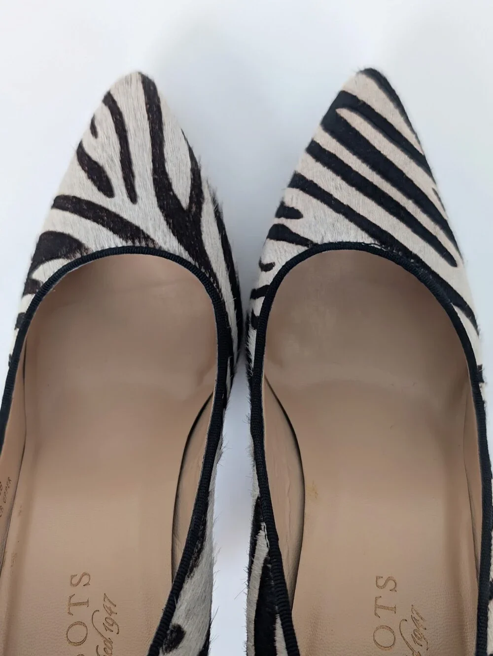 Talbots Zebra Leather Pointy Toe Pump Heels Brown Black White Cream Size 6.5